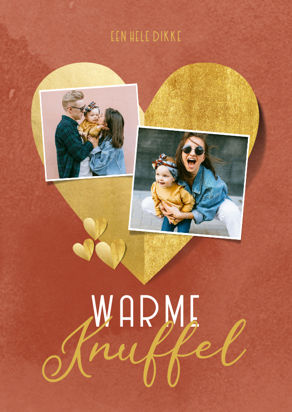 Liefdekaart warme knuffel gouden hartjes foto's rood - Liefde kaarten Liefde kaarten - Liefdekaart warme knuffel gouden hartjes foto's rood