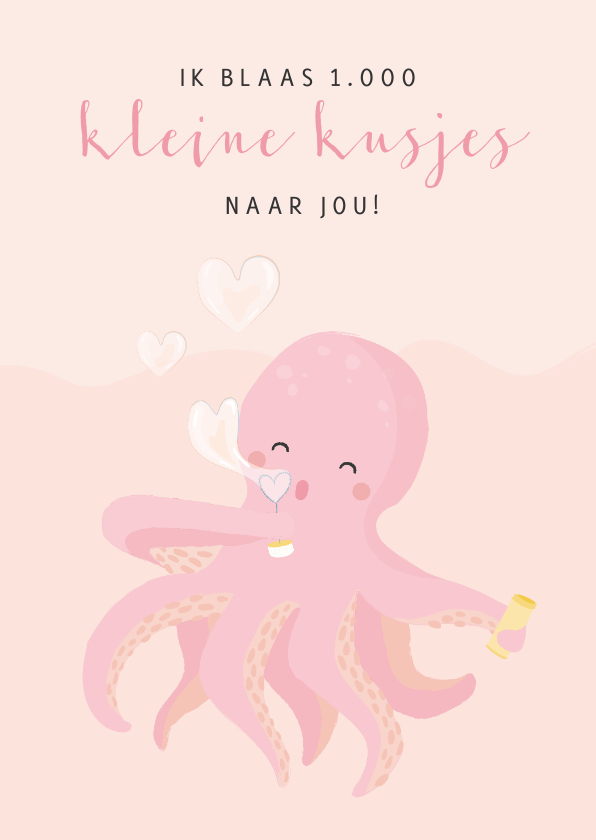 Roze liefde kaart met illustratie van een octopus - Liefde kaarten Liefde kaarten - Roze liefde kaart met illustratie van een octopus