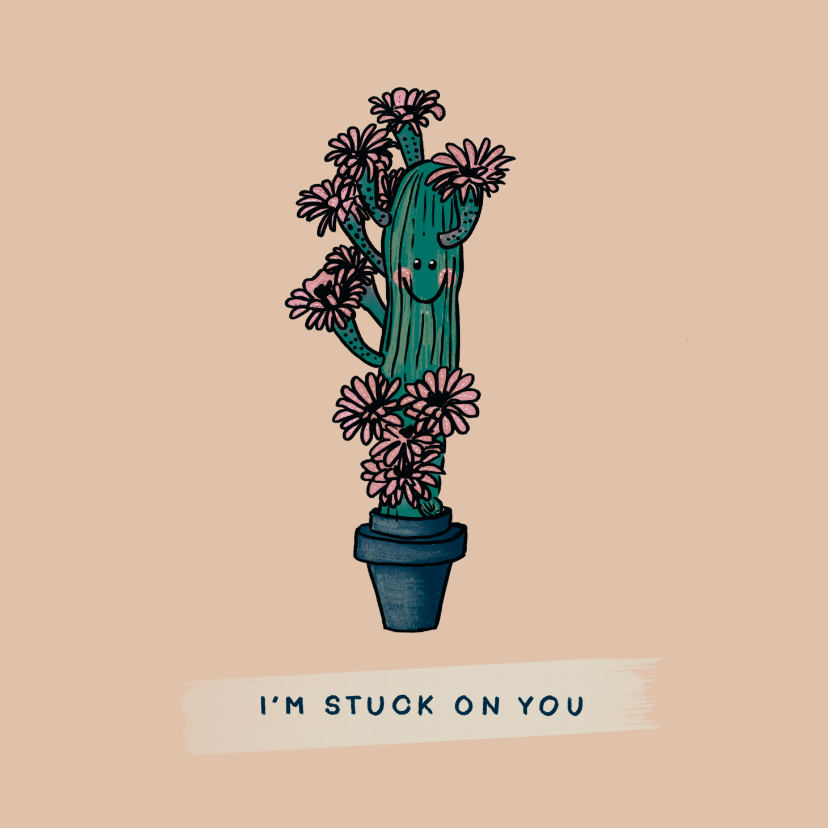 Vrolijke liefde kaart met verliefde cactus vol roze bloemen - Liefde kaarten Liefde kaarten - Vrolijke liefde kaart met verliefde cactus vol roze bloemen