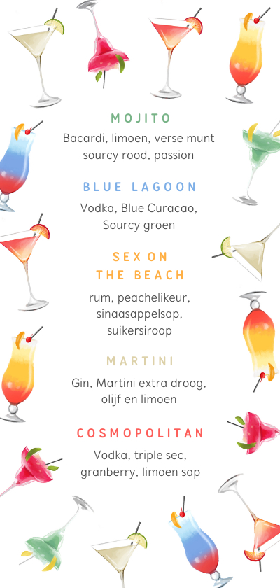 Menukaarten - Cocktail kaart menu zomer vrolijk illustraties