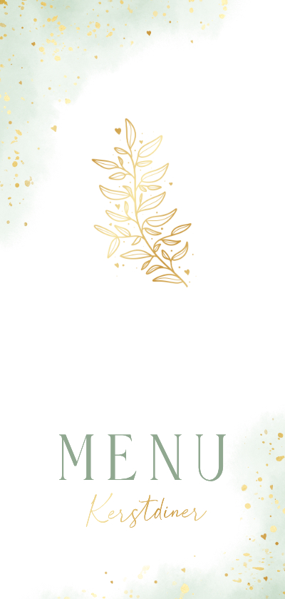 Kerst menukaartje groene waterverf goudfolie takje - Menukaarten Menukaarten - Kerst menukaartje groene waterverf goudfolie takje