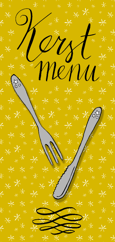 Kerstdiner handlettering bestek geel - Menukaarten Menukaarten - Kerstdiner handlettering bestek geel