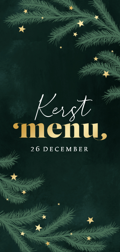 Kerstkaart menu dennentakken groen goud sterren - Menukaarten Menukaarten - Kerstkaart menu dennentakken groen goud sterren