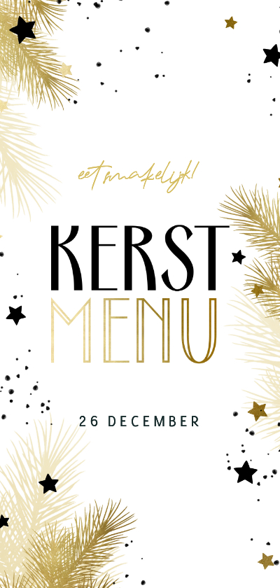 Menukaarten - Kerstmenu kaart zwartwit met gouden kersttakjes en sterren