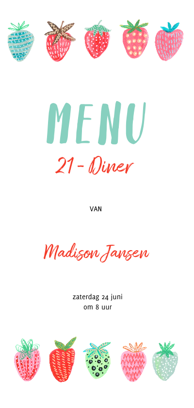 Menukaart 21 diner feest aardbeien - Menukaarten Menukaarten - Menukaart 21 diner feest aardbeien