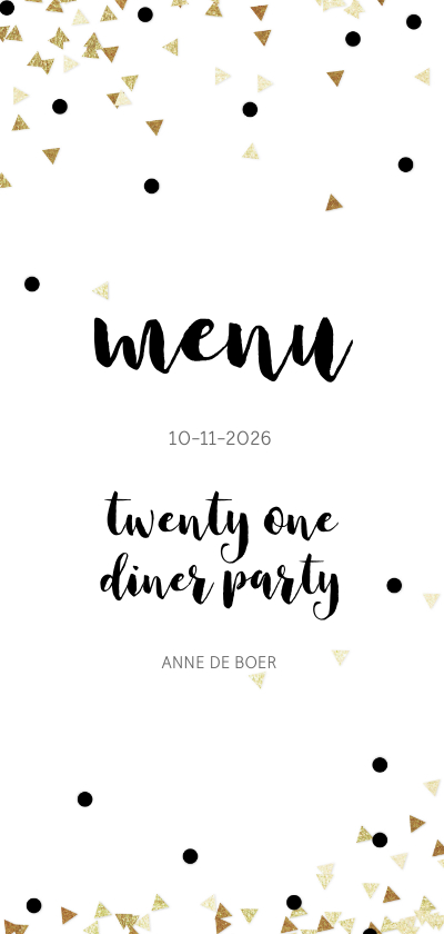 Menukaarten - Menukaart 21 diner party confetti zwart wit