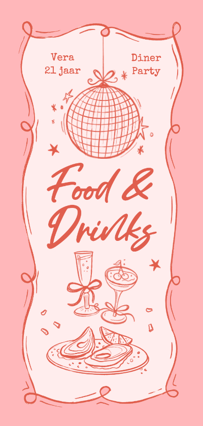 Menukaart 21 diner party disco roze food drinks - Menukaarten Menukaarten - Menukaart 21 diner party disco roze food drinks