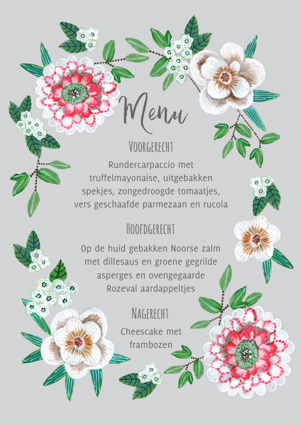 Menukaart bloemen botanisch grijs - Menukaarten Menukaarten - Menukaart bloemen botanisch grijs