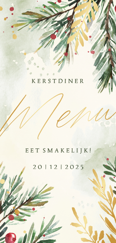 Menukaart kerstdiner kersttakjes in waterverf met goudfolie - Menukaarten Menukaarten - Menukaart kerstdiner kersttakjes in waterverf met goudfolie