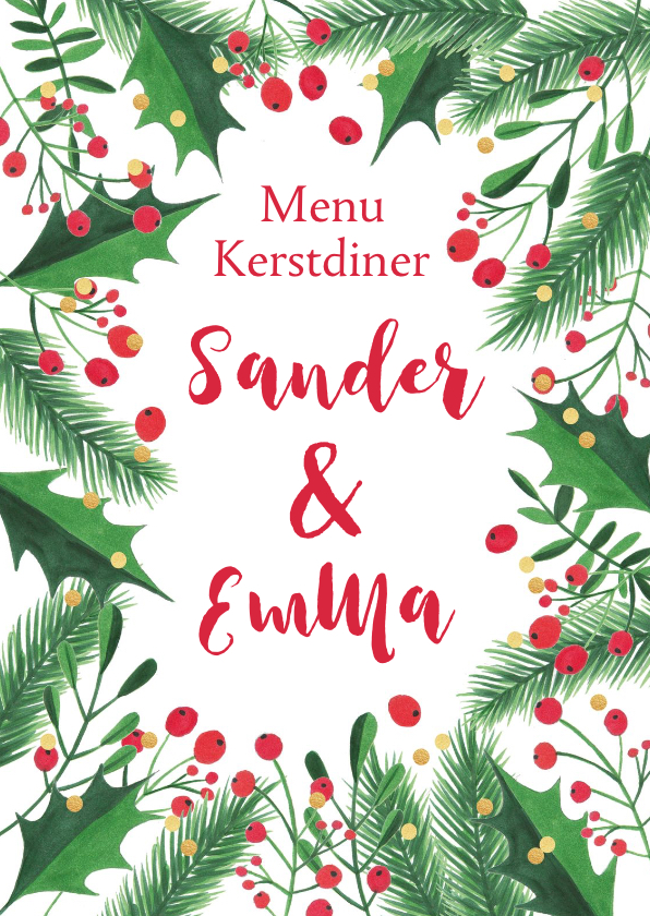Menukaart kerstdiner kersttakken, hulst en confetti - Menukaarten Menukaarten - Menukaart kerstdiner kersttakken, hulst en confetti