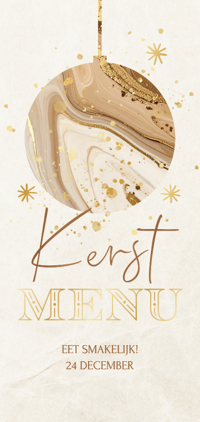 Menukaarten - Menukaart kerstdiner met marmer kerstbal beige