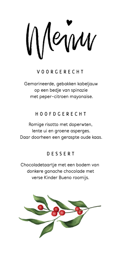 Menukaart kerstdiner met takje en besjes - Menukaarten Menukaarten - Menukaart kerstdiner met takje en besjes