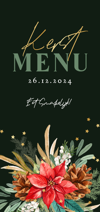 Stijlvolle menukaart kersttakken bloem kerstster en goud - Menukaarten Menukaarten - Stijlvolle menukaart kersttakken bloem kerstster en goud