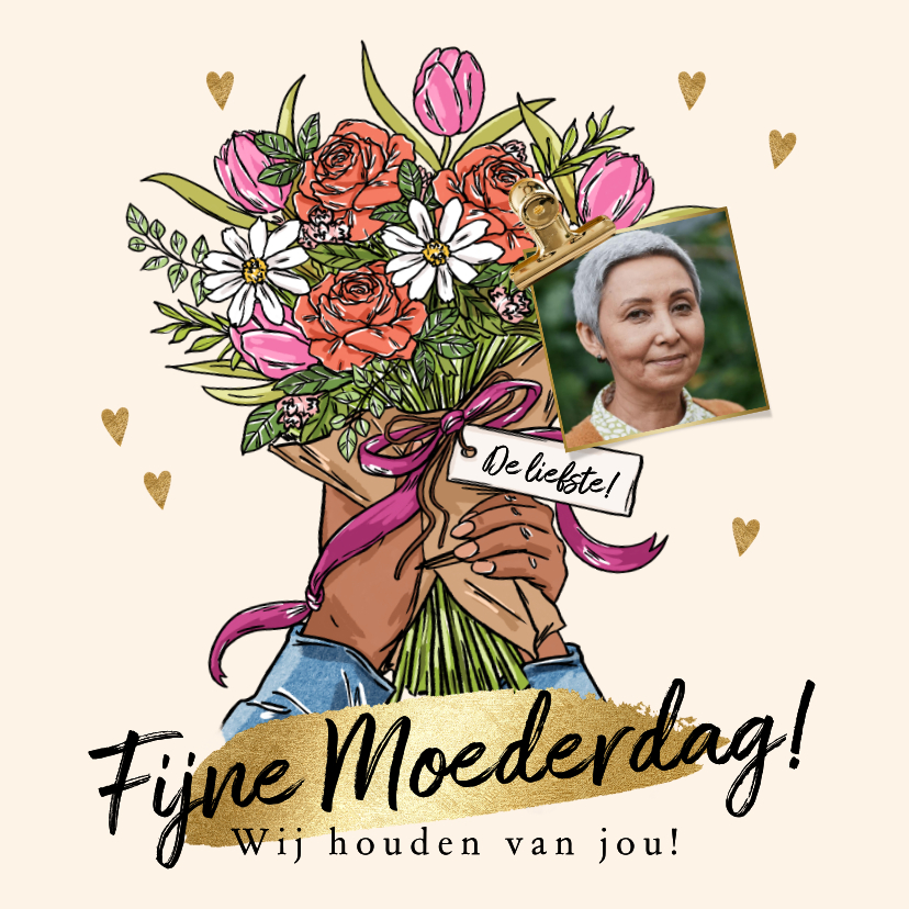 Moederdag kaarten - Fleurige moederdagkaart boeket bloemen hartjes goud foto