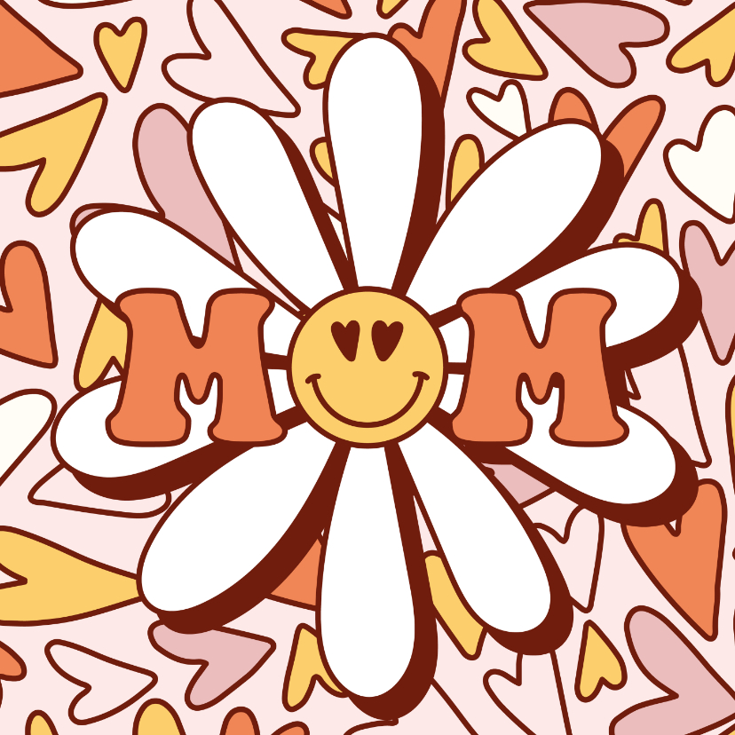 Moederdag kaarten - Groovy moederdagkaartje 'MOM' met madeliefje