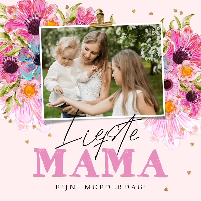 Moederdag kaarten - Kleurrijke moederdagkaart watercolor bloemen foto hartjes