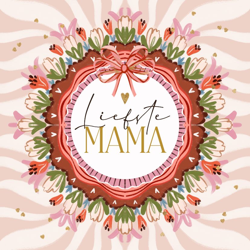 Moederdag kaarten - Lieve moederdagkaart kleurrijk bloemenkader hartjes goud