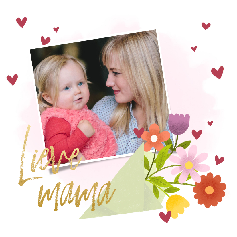 Lieve moederdagkaart met bos bloemen hartjes en foto - Moederdag kaarten Moederdag kaarten - Lieve moederdagkaart met bos bloemen hartjes en foto