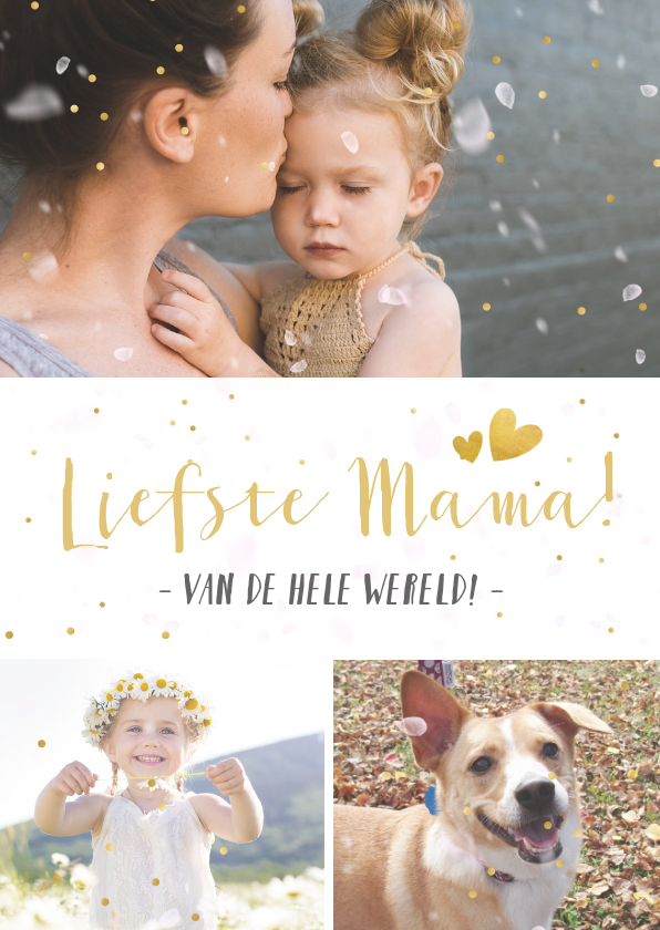 Moederdag kaarten - Moederdag fotocollage met 3 eigen foto's en gouden hartjes