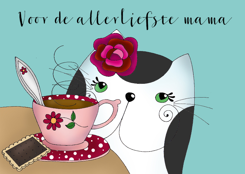 Moederdag kaarten - Moederdag kaart Kat drinkt thee of koffie