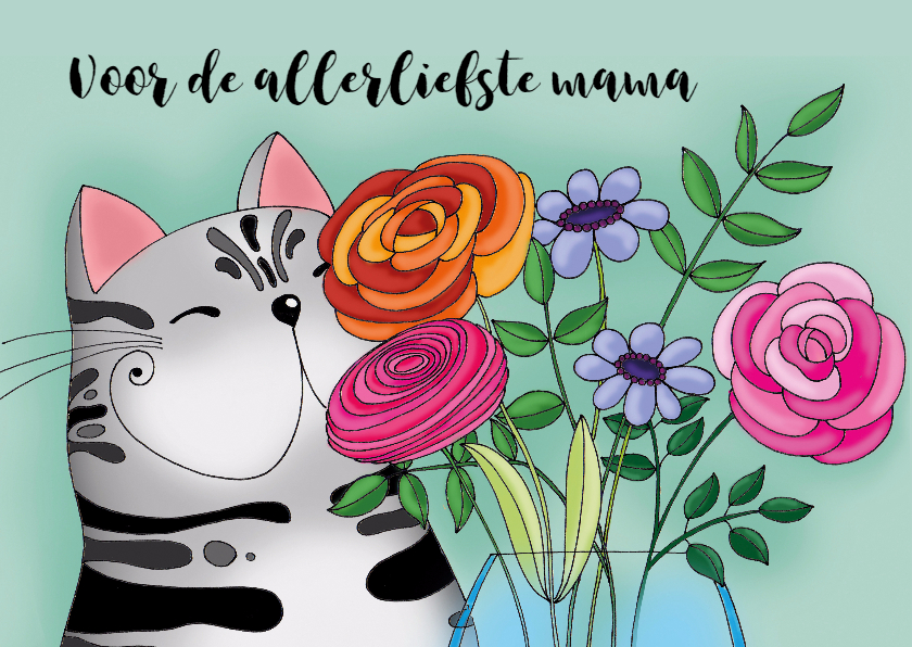 Moederdag kaart Kat met vaas bloemen - SK - Moederdag kaarten Moederdag kaarten - Moederdag kaart Kat met vaas bloemen - SK