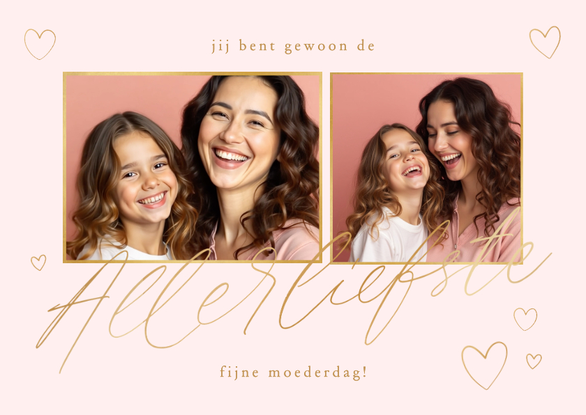 Moederdagkaart 2 foto's goud met inkt hartjes - Moederdag kaarten Moederdag kaarten - Moederdagkaart 2 foto's goud met inkt hartjes