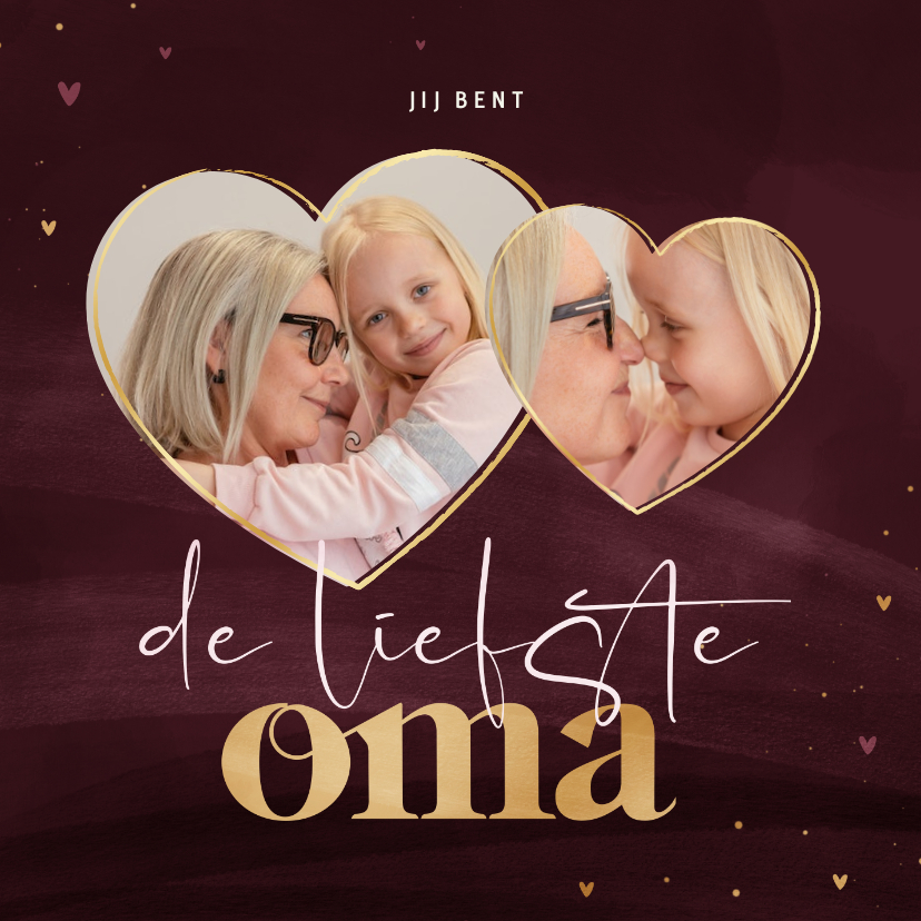 Moederdagkaart 2 foto's liefste oma bordeauxrood met hartjes - Moederdag kaarten Moederdag kaarten - Moederdagkaart 2 foto's liefste oma bordeauxrood met hartjes