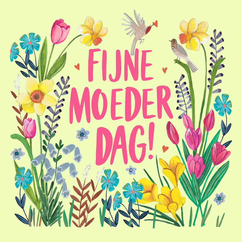 Moederdag kaarten - Moederdagkaart bloemen veld illustratie vogels kleurrijk 