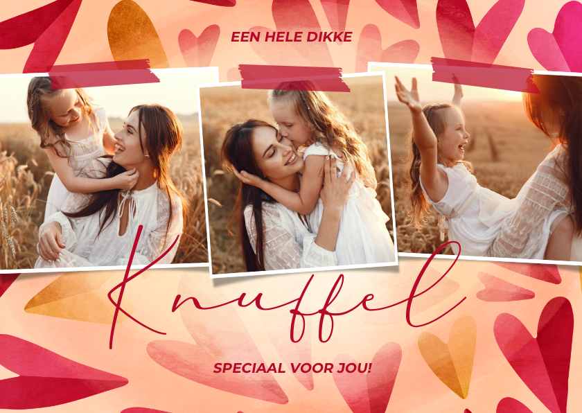 Moederdagkaart fotocollage dikke knuffel met roze hartjes - Moederdag kaarten Moederdag kaarten - Moederdagkaart fotocollage dikke knuffel met roze hartjes