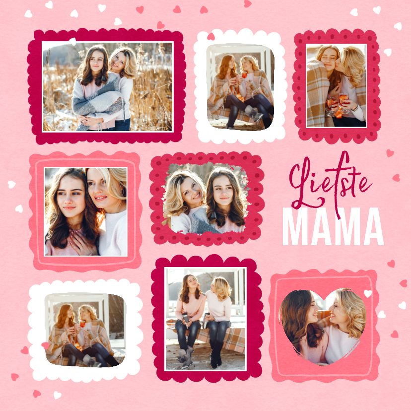Moederdagkaart fotocollage roze hip hartjes liefste mama - Moederdag kaarten Moederdag kaarten - Moederdagkaart fotocollage roze hip hartjes liefste mama
