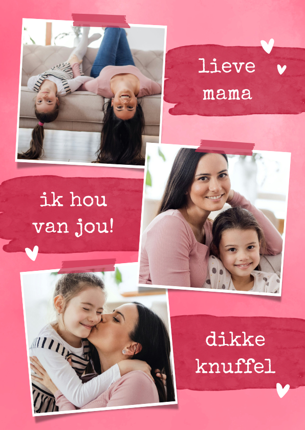 Moederdagkaart fotocollage verfstrepen roze en hartjes - Moederdag kaarten Moederdag kaarten - Moederdagkaart fotocollage verfstrepen roze en hartjes