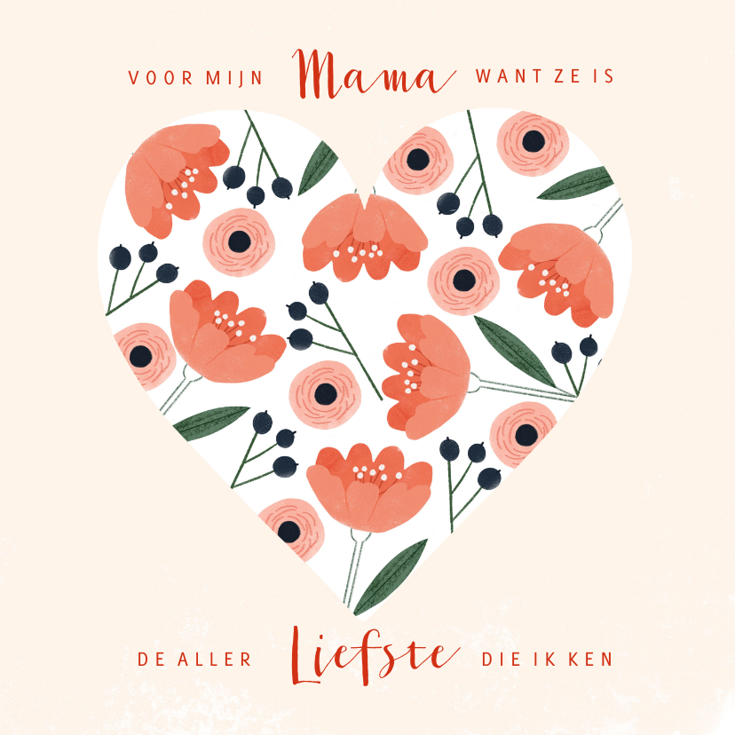 Moederdagkaart hart met roze pastel bloemen en besjes - Moederdag kaarten Moederdag kaarten - Moederdagkaart hart met roze pastel bloemen en besjes