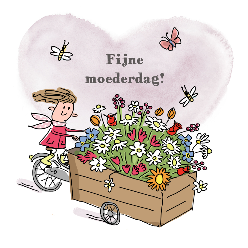 Moederdag kaarten - Moederdagkaart met bakfiets en bloemen