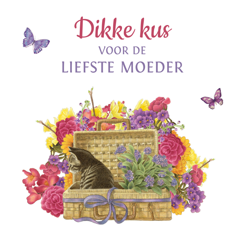 Moederdag kaarten - Moederdagkaart met fleurige bloemen en kitten