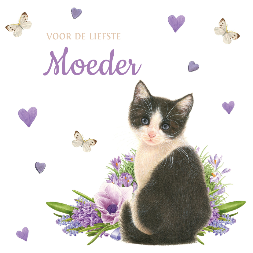 Moederdag kaarten - Moederdagkaart met lieve zwart-witte kitten met lila bloemen