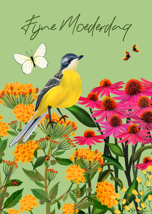 Moederdag kaarten - Moederdagkaart met roze bloemen en vogel