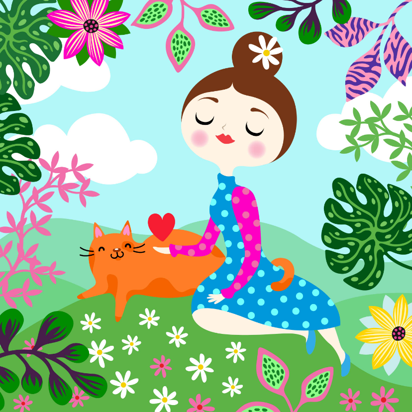Moederdagkaart met vrolijk meisje, kat, planten en hart - Moederdag kaarten Moederdag kaarten - Moederdagkaart met vrolijk meisje, kat, planten en hart