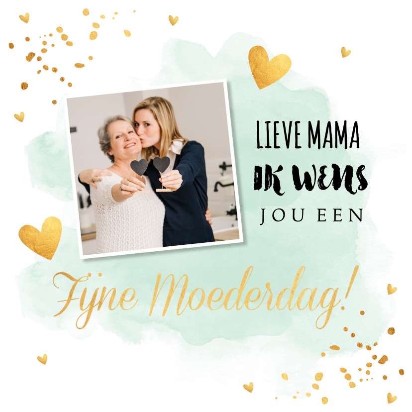 Moederdag kaarten - Moederdagkaart mintgroen waterverf foto goudlook