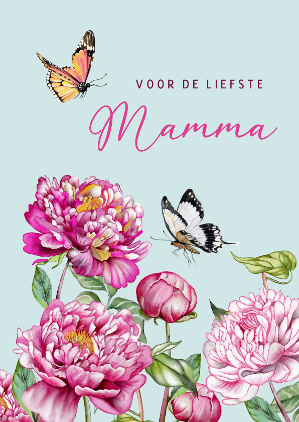 Moederdag kaarten - Moederdagkaart pioenrozen vlinders