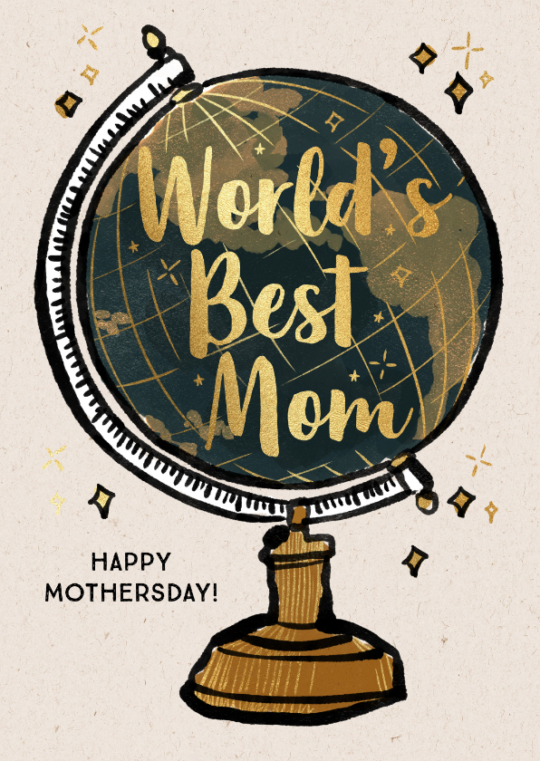 Moederdag kaarten - Moederdagkaart vintage wereldbol 'World's Best Mom' goudlook