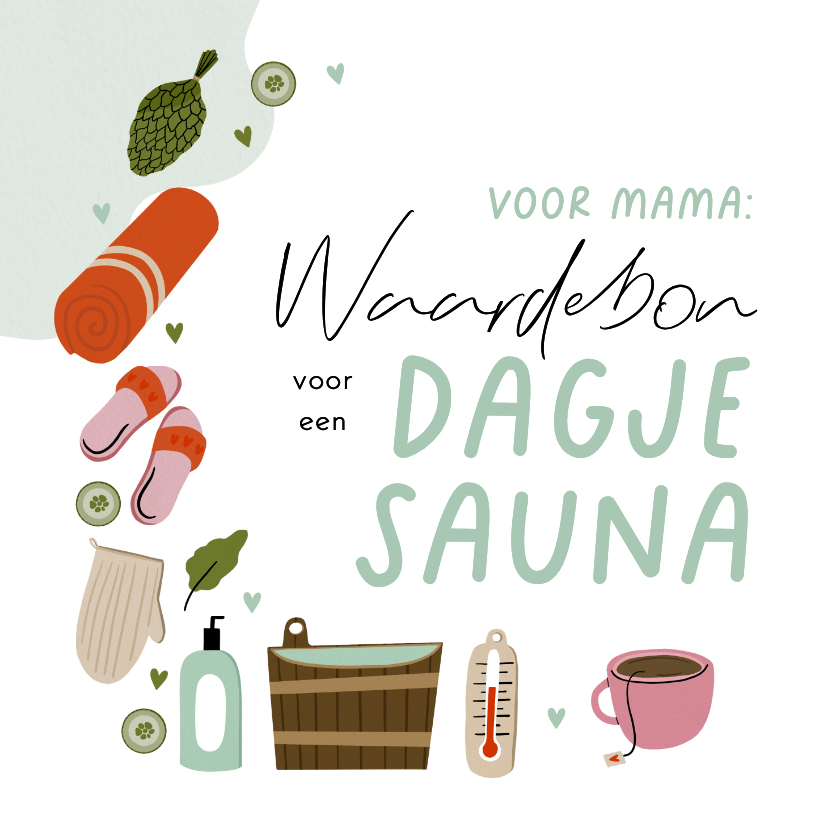 Moederdag kaarten - Moederdagkaart waardebon dagje sauna illustraties kleur