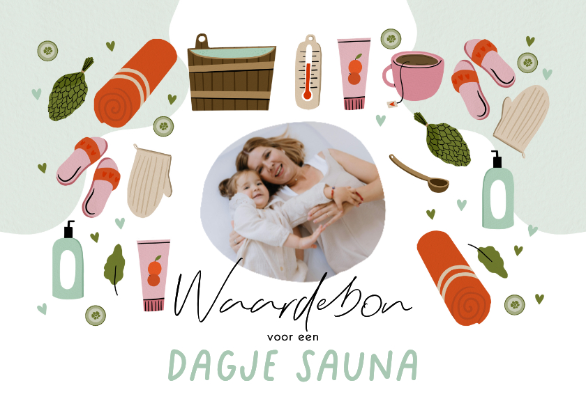 Moederdag kaarten - Moederdagkaart waardebon foto dagje sauna illustraties