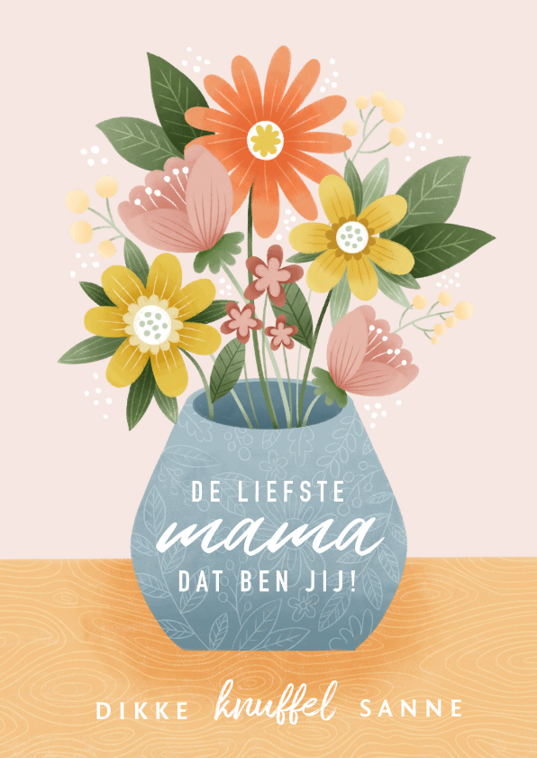 Vrolijke moederdag kaart bosje bloemen in vaas op tafel - Moederdag kaarten Moederdag kaarten - Vrolijke moederdag kaart bosje bloemen in vaas op tafel