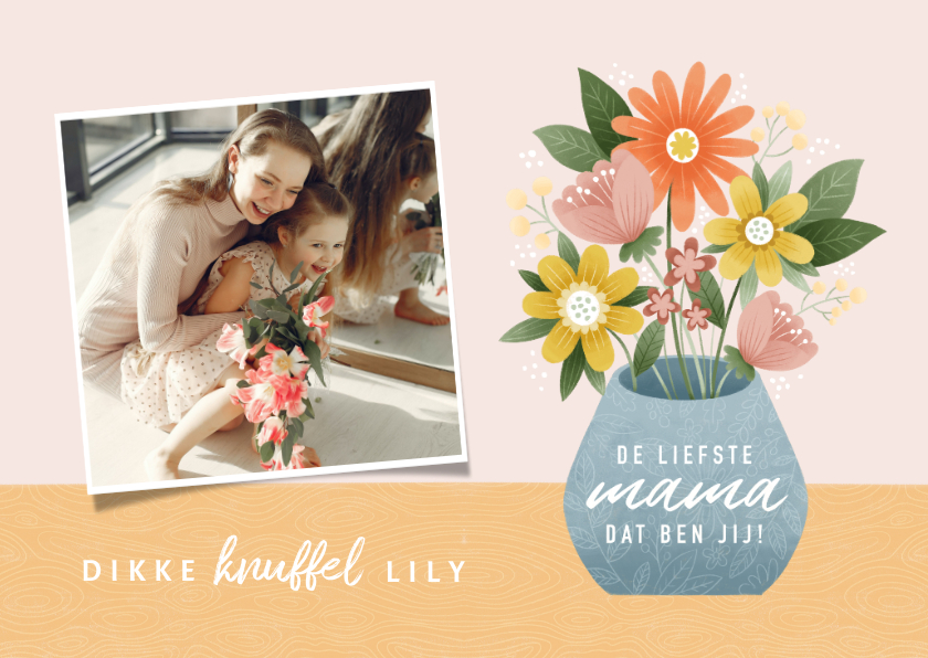 Moederdag kaarten - Vrolijke moederdag kaart met bosje bloemen en foto