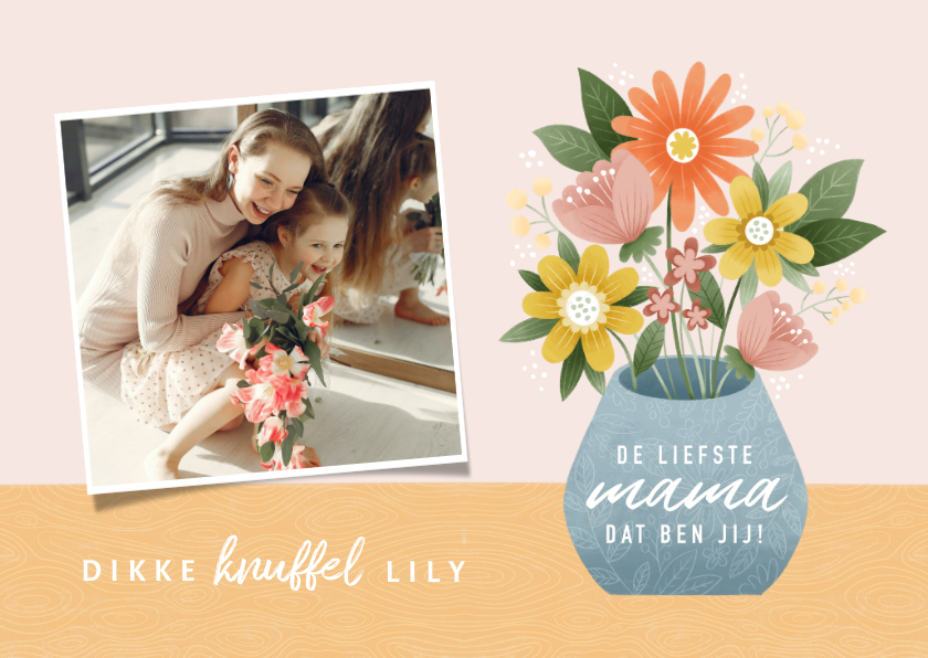 Vrolijke moederdag kaart met bosje bloemen en foto - Moederdag kaarten Moederdag kaarten - Vrolijke moederdag kaart met bosje bloemen en foto