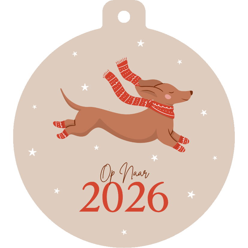 Nieuwjaarskaarten - Beige nieuwjaarskaart kerstbal met teckel op naar 2026