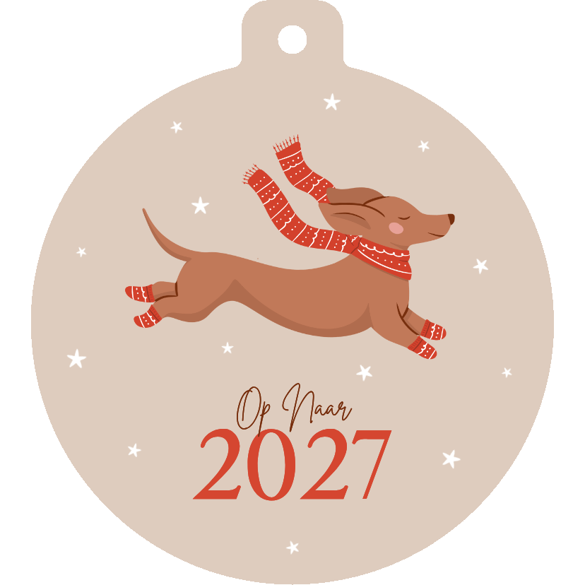 Nieuwjaarskaarten - Beige nieuwjaarskaart kerstbal met teckel op naar 2027