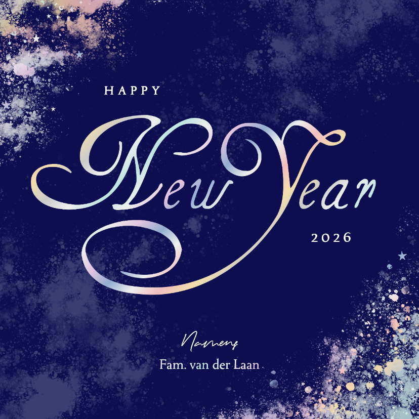 Nieuwjaarskaarten - Blauwe waterverf nieuwjaarskaart met holografisch foliedruk