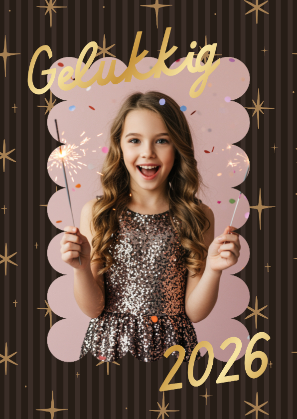 Nieuwjaarskaarten - Bruine foto nieuwjaarskaart met sterren en goudfolie