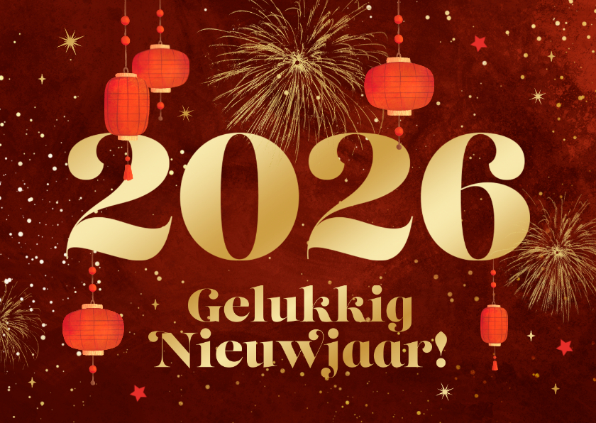 Nieuwjaarskaarten - Chinees nieuwjaar 2026 jaar van het paard vuurwerk lampjes
